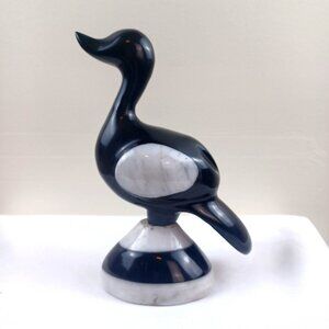 Black Onyx White Marble Duck Figurine - Handcrafted Decorative Sculpture - 6"
